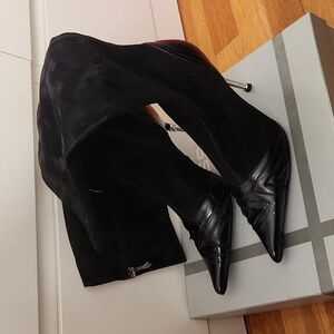 Grissbo Women's Leather Suede Black Stocking Boot Stiletto Heel Pointy 36 EU